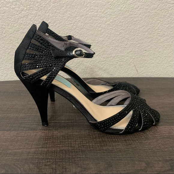 Betsey Johnson black sweet rhinestone open toe heels size 7.5 - Picture 2 of 11